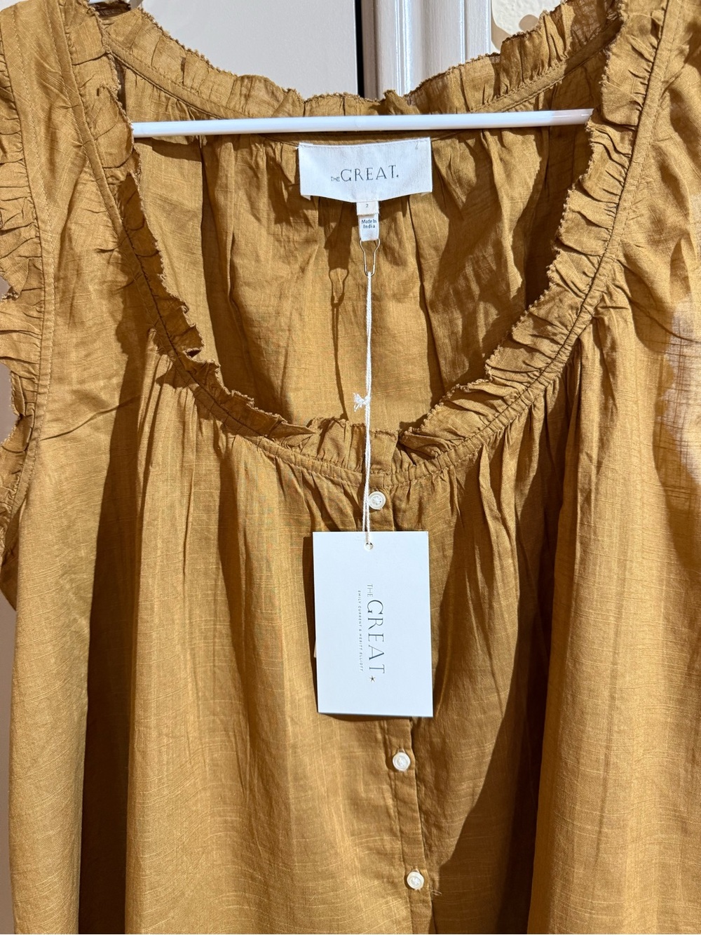 THE GREAT. Sleeveless Button-Front Ruffle Trim Top, Tank Top - Warm Caramel - Picture 7 of 12